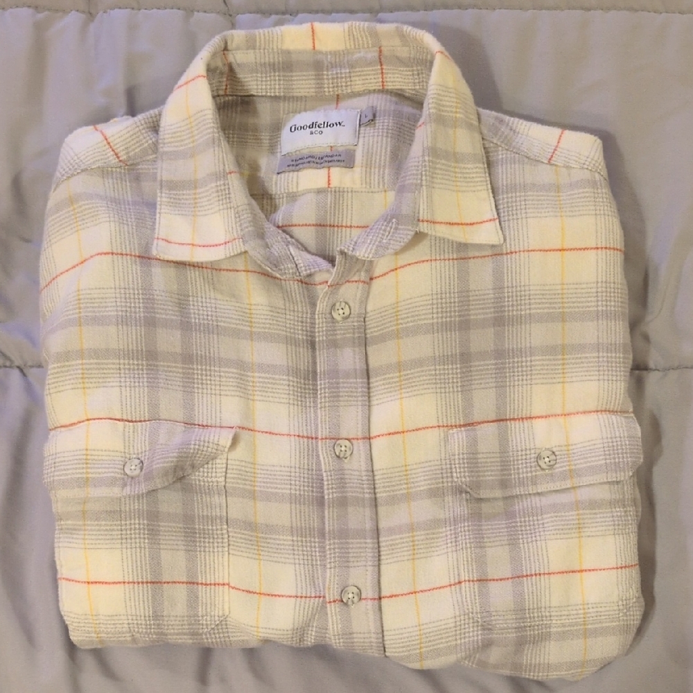Goodfellow & Co Men's Plaid Shirt - Cream, Gray, Orange, Yellow